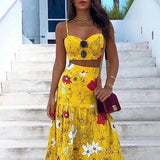 Two Piece Dress Floral Print Summer Dresses For Women  Two Piece Skirt Set Spaghetti Strap Crop Top And Maxi Long Skirt Party 2 Piece Sets T230113