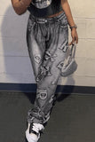 hulianfu - Grey Street Print Make Old Patchwork High Waist Denim Jeans