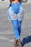 hulianfu - Royal Blue Fashion Casual Solid Ripped Patchwork High Waist Skinny Denim Jeans
