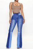 hulianfu - Blue Casual Patchwork Contrast High Waist Regular Denim Jeans (Subject To The Actual Object)