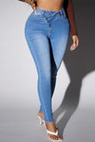 hulianfu - Deep Blue Casual Solid Patchwork High Waist Skinny Denim Jeans