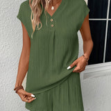 Solid Textured Two-piece Set, Button Front V Neck Short Sleeve Top & Wide Leg Shorts Outfits, Women's Clothing