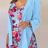 Three-Piece Elegant Outfit Set - V-Neck Crop Top, Solid Open Front Split Cardigan, and Belted Floral Print Shorts - Polyester Knit Fabric, Micro Elasticity, Random Printing, Middle East Style, All Seasons Wear
