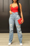 hulianfu - Blue Casual Solid Ripped Patchwork High Waist Regular Denim Jeans
