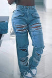 hulianfu - Sky Blue Casual Solid Ripped Patchwork High Waist Regular Denim Jeans