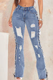hulianfu - Baby Blue Sexy Solid Ripped Hollowed Out Patchwork High Waist Denim Jeans