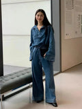 Women Denim 2 Pieces Set Long Sleeve Pullover Jacket High Waist Wide Leg Jeans Suit Spring Casual Loose Lady Outfit Sets 240329