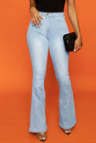 hulianfu - Blue Casual Solid Patchwork High Waist Boot Cut Denim Jeans