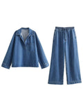 Women Denim 2 Pieces Set Long Sleeve Pullover Jacket High Waist Wide Leg Jeans Suit Spring Casual Loose Lady Outfit Sets 240329