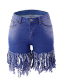 Ultra-Stretch Carnaval Fringe Denim Shorts - Fashionable Washed Blue, High Waist Party Style - For Trendsetting Women