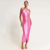 New Style Women's Party Dress Irregular Open Back Dress Hanging Neck Tassel Long Dress