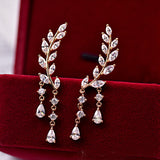2025 Korean earrings super flash zircon 925 silver needle leaf fringed water drop earrings women's fashion summer fresh jewelry