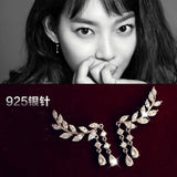 2025 Korean earrings super flash zircon 925 silver needle leaf fringed water drop earrings women's fashion summer fresh jewelry