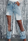 hulianfu - Light Blue Street Solid Ripped Chains Loose Denim Jeans