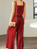 Summer Womens Fresh Fashion Square Neck Sleeveless Tank Top & Wide Leg Long Pants Set - Comfortable, Breathable, Relaxed Fit, European and American Style, Leisure Wear, Suspended Design, Two-Piece Outfit