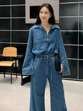 Women Denim 2 Pieces Set Long Sleeve Pullover Jacket High Waist Wide Leg Jeans Suit Spring Casual Loose Lady Outfit Sets 240329