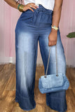 hulianfu - Light Blue Casual Solid Bandage Patchwork High Waist Straight Denim Jeans