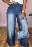 hulianfu - Light Blue Casual Solid Bandage Patchwork High Waist Straight Denim Jeans