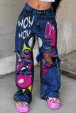 hulianfu - Baby Blue Street Cartoon Print Ripped Mid Waist Loose Denim Jeans