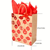 12-Pack Festive Red Foil Print Kraft Gift Bags with Handles, Includes Red Wrapping Paper and Matching Ribbons for Holiday, New Year, and Birthday Party Supplies