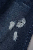 hulianfu - Blue Casual Solid Ripped Patchwork Mid Waist Regular Denim Jeans