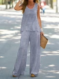 Two-Piece Stripe Print Casual Outfit - Comfortable Crew Neck Tank Top & Wide Leg Pants Set - Polyester Woven, No Elasticity, Spring/Fall Wear, No Sheer