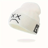 Trendy Sad Face Embroidery Graphic Beanie - Skullies & Beanies with Cuffed Design, Black & White Knit, Hip Hop Style, Casual Wear for Women and Men - Fashionable Winter Accessories