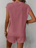 Solid Textured Two-piece Set, Button Front V Neck Short Sleeve Top & Wide Leg Shorts Outfits, Women's Clothing