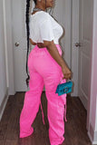 hulianfu - Fluorescent Pink Casual College Solid Ripped Make Old Patchwork Pocket High Waist Denim Jeans