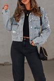 hulianfu - Light Blue Casual Solid Beading Turndown Collar Long Sleeve Denim Jacket