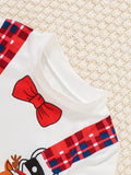 2pcs Baby's Cartoon Christmas Santa Elk Print Long Sleeve T-shirt & Casual Plaid Pattern Pants, Toddler & Infant Boy's Clothing Set, Outdoor Cloth