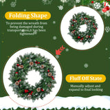 24" Green Pre-Lit Christmas Wreath with Red Berries, Pine Cones for Front Door, Window, Fireplace, Indoor Decor