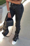 hulianfu - Dark Gray Fashion Casual Solid Patchwork Slit Fold High Waist Regular Denim Jeans