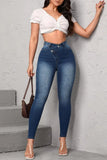 hulianfu - Deep Blue Casual Solid Patchwork High Waist Skinny Denim Jeans