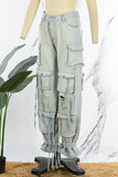 hulianfu - Fluorescent Pink Casual College Solid Ripped Make Old Patchwork Pocket High Waist Denim Jeans