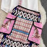 Two Piece Dress Summer Fashion Runway Skirt Suit Women's Short Sleeve Horse Geometry Print Blouse A Line Pocket Mini Skirt 2 Two Piece Set 230829