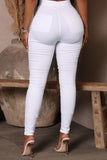 hulianfu - White Casual Solid Patchwork High Waist Skinny Denim Jeans