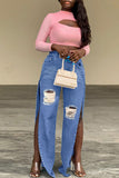 hulianfu - Blue Sexy Street Solid Ripped Patchwork Slit High Waist Denim Jeans