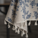 1pc Retro-Style Blue Rose Rectangular Tablecloth with Beige Fringe, Perfect for Kitchen Dining, Picnic, Buffet, Holiday Dinner, Party, Banquet, Restaurant, and Wedding Western Food Tables