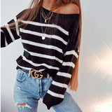HULIANFU 2025 Popular trade loose long-sleeved t-shirt women's clothing round neck striped sexy off-the-shoulder outer wear with knitted bottoming shirt
