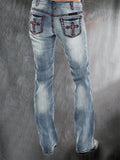 hulianfu - Baby Blue Motorpunk Cross Pattern Denim Trousers