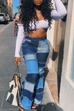 hulianfu - Black Casual Patchwork Tear High Waist Boot Cut Denim Jeans