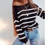 HULIANFU 2025 Popular trade loose long-sleeved t-shirt women's clothing round neck striped sexy off-the-shoulder outer wear with knitted bottoming shirt