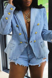 hulianfu - Light Blue Casual Solid Patchwork Turndown Collar Long Sleeve Regular Denim Jacket