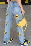 hulianfu - Baby Blue Fashion Casual Print Patchwork High Waist Regular Denim Jeans