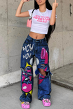 hulianfu - Baby Blue Street Cartoon Print Ripped Mid Waist Loose Denim Jeans