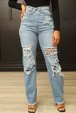 hulianfu - Blue Casual Solid Ripped Patchwork High Waist Regular Denim Jeans