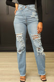 hulianfu - Blue Casual Solid Ripped Patchwork High Waist Regular Denim Jeans