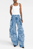 hulianfu - Grey Casual Solid Patchwork High Waist Regular Denim Jeans