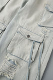 hulianfu - Fluorescent Pink Casual College Solid Ripped Make Old Patchwork Pocket High Waist Denim Jeans
